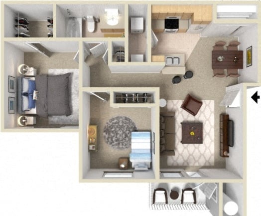 2 BEDROOM 1 BATH floor plan